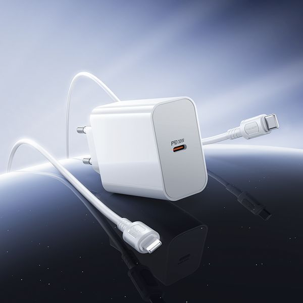 Сетевое зарядное устройство з кабелем BOROFONE BA107A Stellar single port PD30W charger set (C to iP) (EU) White 6941991125355 фото