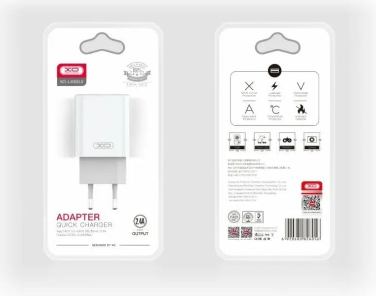 Зарядний пристрій XO-L93(EU) USB 2.4A Білий 209-00086 фото