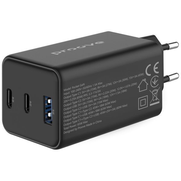 МЗП Proove Pocket GaN 65W (2Type-C + USB) Black WCPG65121201 фото