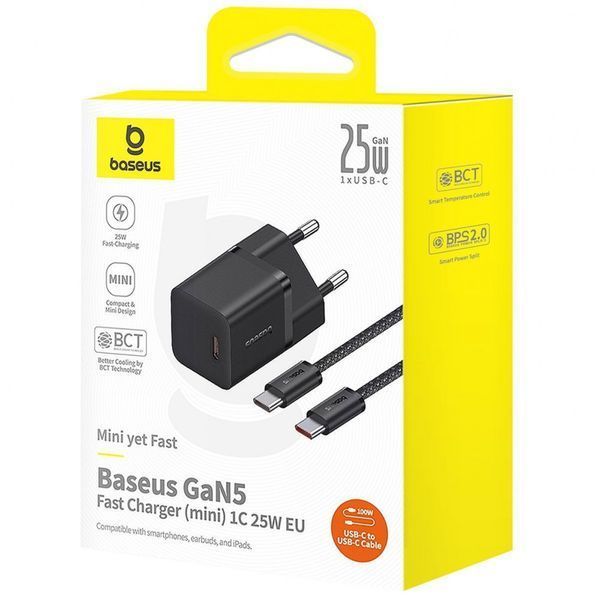 МЗП Baseus GaN5 Mini Fast Charger 25W ( Type-C ) + КабельType-C to Type-C 100W (1m) White P10110909213-01 фото