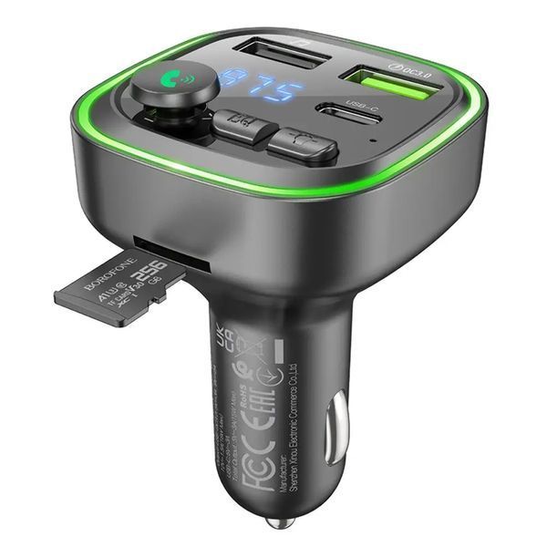 АЗУ с FM-модулятором BOROFONE BC48 Broad QC3.0 car BT FM transmitter 18W Black 6941991104039 фото