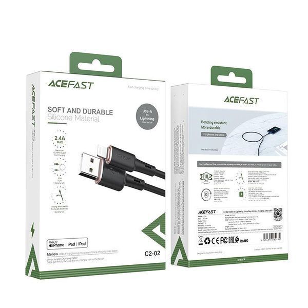 Кабель ACEFAST C2-02 USB to iP 2.4A, 1.2m, silicone, zinc connectors, Black AFC2-02B фото