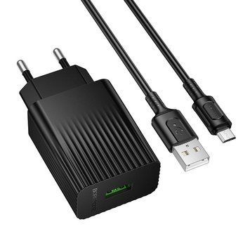 Сетевое зарядное устройство с кабелем BOROFONE BAS72A Source single port QC3.0 charger set(Micro) Black 6941991122651 фото
