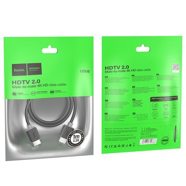 Кабель HOCO US08 HDTV 2.0 male-to-male 4K HD data cable(L=1M) Black 6931474799388 фото