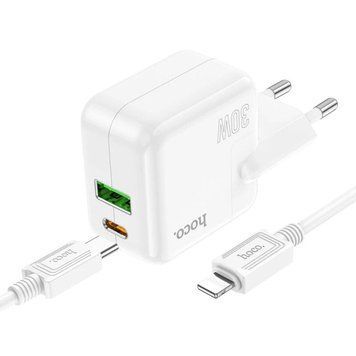 Мережевий зарядний пристрій HOCO C111A Lucky dual-port PD30W+QC3.0 charger set(C to iP) White 656-01353 фото