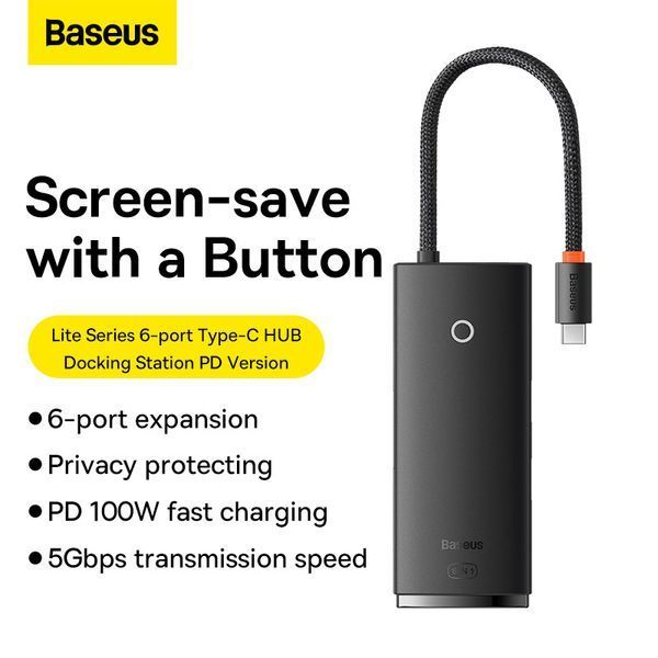 USB-хаб Baseus Lite Series 6-Port Type-C HUB Docking Station (Type-C to HDMI+USB3.0*2+PD+SD/TF) Black WKQX050101 фото