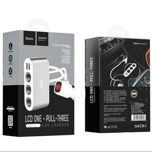 Автомобильное зарядное устройство HOCO Z13 LCD one-pull-three car charger Silver 6957531050896 фото