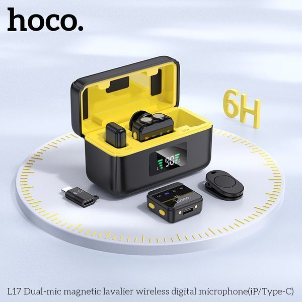Беспроводная микрофонная система HOCO L17 magnetic dual-mic (iP/Type-C) Black 6942007645997 фото