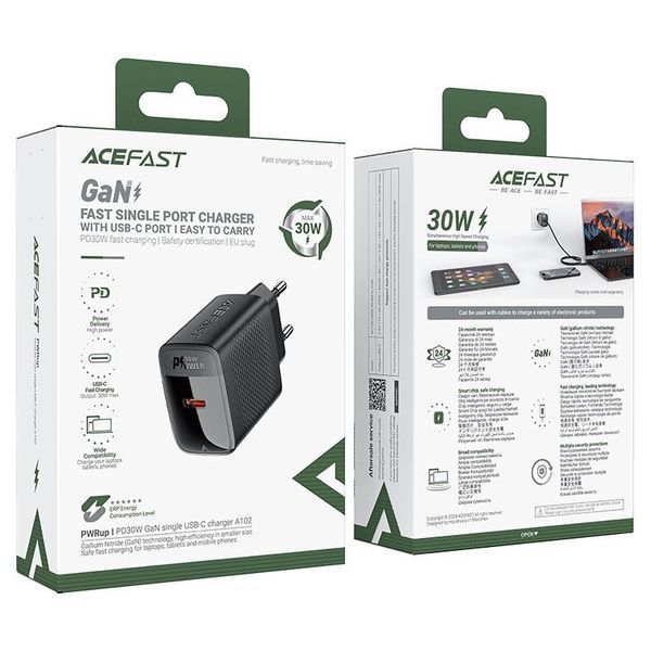 Сетевое зарядное устройство ACEFAST A102 PD30W GaN single USB-C charger (EU) Black 6974316283287 фото
