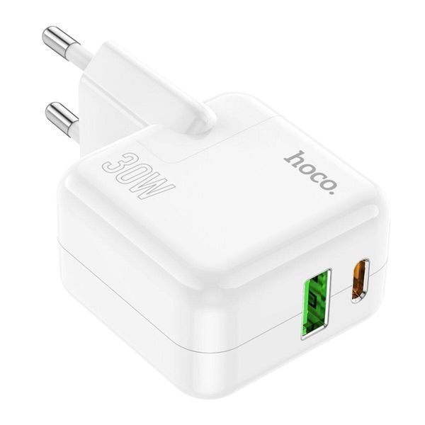 Сетевое зарядное устройство HOCO C111A Lucky dual-port PD30W+QC3.0 charger set(C to iP) White 656-01353 фото