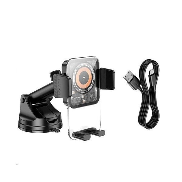 Тримач для мобiльного з БЗП BOROFONE BH210 Riley wireless fast charging car holder(center console) Black 656-00527 фото