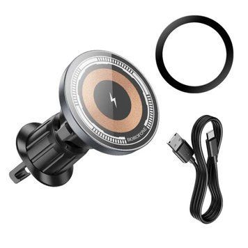 Тримач для мобiльного з БЗП BOROFONE BH211 Riley magnetic wireless fast charging car holder(air outlet) Black 656-00528 фото