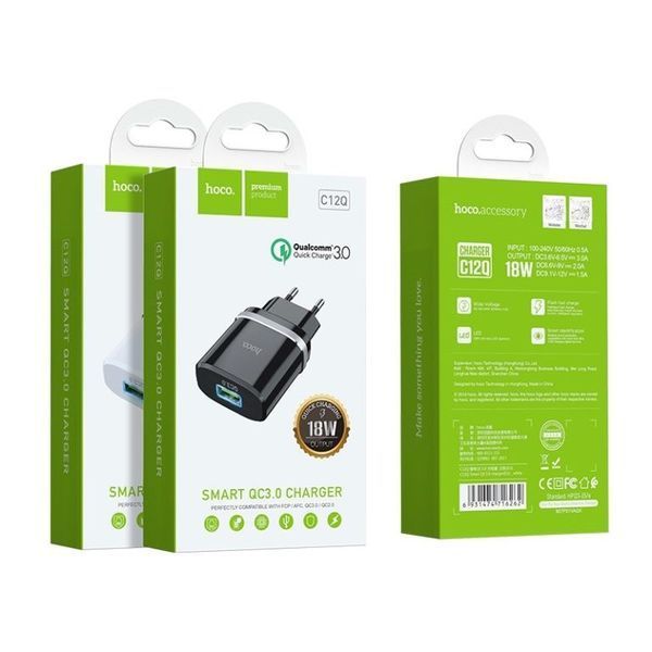 Мережевий зарядний пристрій HOCO C12Q Smart QC3.0 charger 18W Black 6931474716255 фото