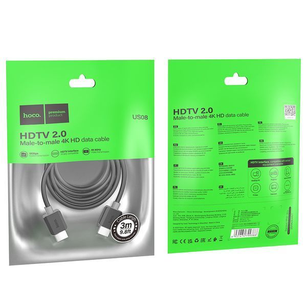 Кабель HOCO US08 HDTV 2.0 male-to-male 4K HD data cable(L=3M) Black 6931474799401 фото