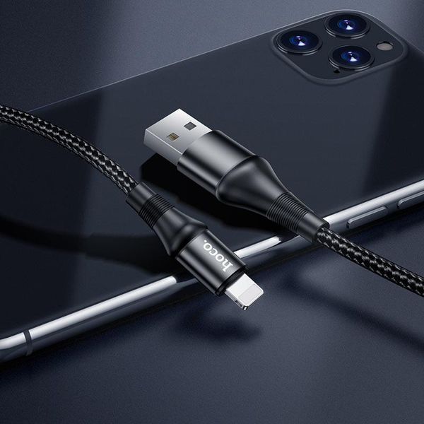 Кабель HOCO X50 USB to iP 2.4A, 1m, nylon, aluminum connectors, Black 6931474734198 фото