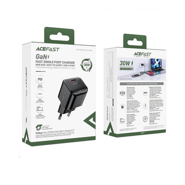 Сетевое зарядное устройство ACEFAST A77 mini PD30W GaN USB-C charger Black 6974316282662 фото