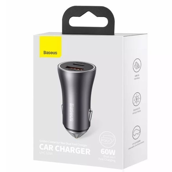 Автомобільний зарядний пристрій Baseus Golden Contactor Max Dual Fast Charger Car Charger U+C 60W Dark Gray CGJM000113 фото