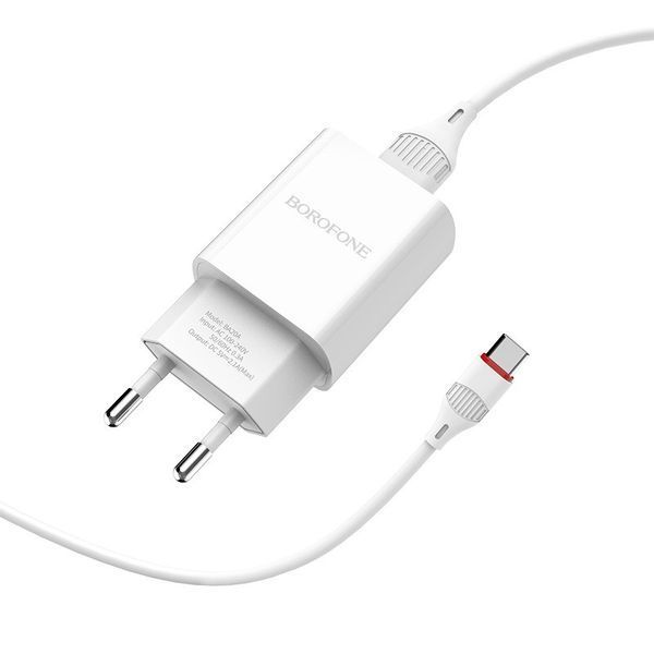 Мережевий зарядний пристрій з кабелем BOROFONE BA20A Sharp single port charger set(Type-C) 10.5W White 6931474700742 фото
