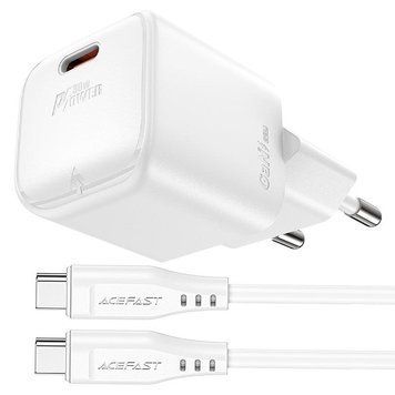 Сетевое зарядное устройство с кабелем ACEFAST A77 mini PD30W GaN single USB-C charger set (C3-03) White 6974316282853 фото