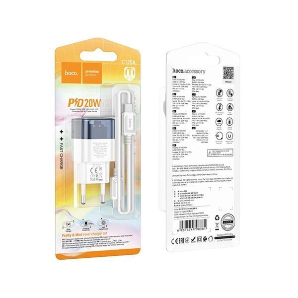 Мережевий зарядний пристрій HOCO C125A Transparent tribute single-port PD20W charger set(Type-C to Type-C) Transparent Blue 656-01355 фото