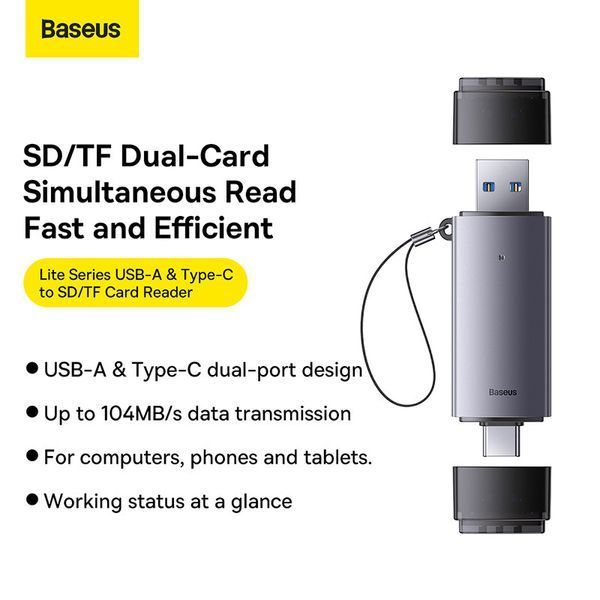 USB-хаб Baseus Lite Series USB-A & Type-C to SD/TF Card Reader Grey WKQX060113 фото