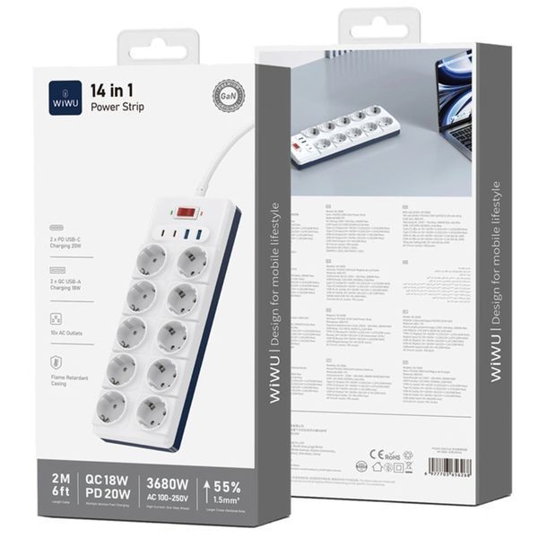 Удлинитель WIWU S008 Power Strip PD20W (2USB-A/2C/10xSocket) (2m) White ILSO-00000085939-1 фото