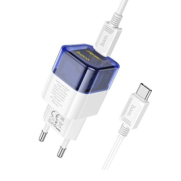Мережевий зарядний пристрій HOCO C125A Transparent tribute single-port PD20W charger set(Type-C to Type-C) Transparent Blue 656-01355 фото