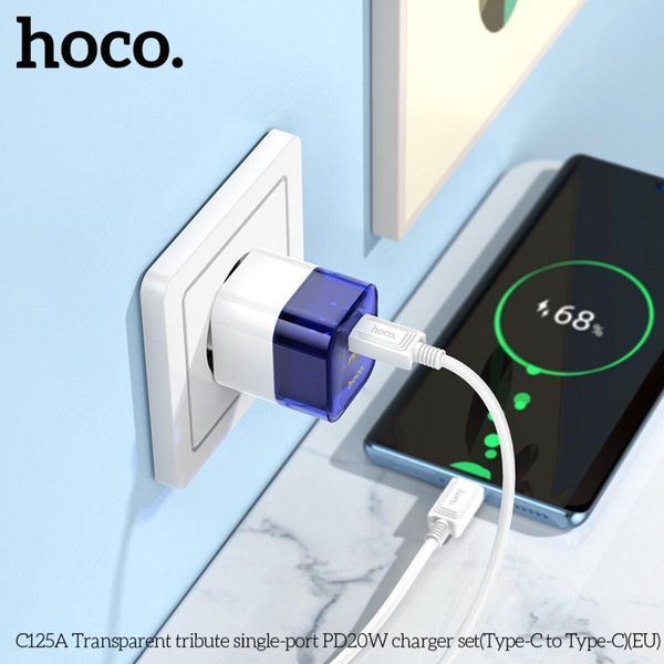 Мережевий зарядний пристрій HOCO C125A Transparent tribute single-port PD20W charger set(Type-C to Type-C) Transparent Blue 656-01355 фото