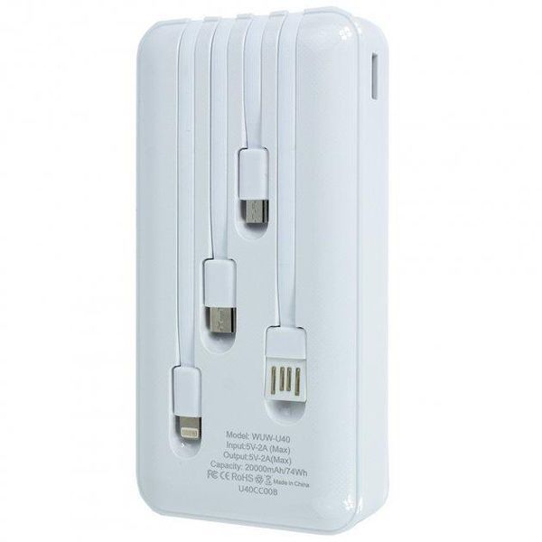 Портативний акумулятор Power Bank WUW U40 (Micro-USB, Type-C, Lightning, USB) 20000mAh Білий 216-00021 фото