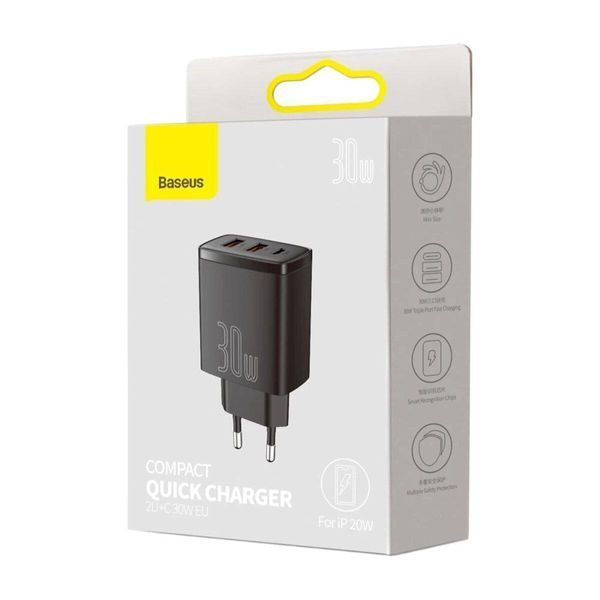 Мережевий зарядний пристрій Baseus Compact Quick Charger 2U+C 30W EU Black 656-01290 фото