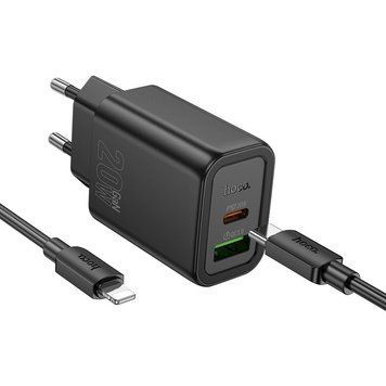 Сетевое зарядное устройство с кабелем HOCO N61 Gentle PD20W+QC3.0 charger set(C to iP) Black 6942007644259 фото