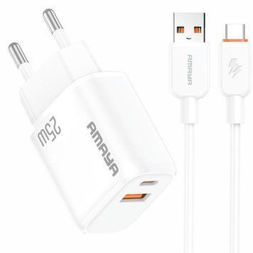 Сетевое зарядное устройство Amaya E231D PD25W+QC3.0 (1USB-A/1C) + кабель USB to Type-C white 656-08054 фото