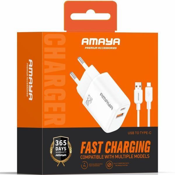 Сетевое зарядное устройство Amaya E231D PD25W+QC3.0 (1USB-A/1C) + кабель USB to Type-C white 656-08054 фото
