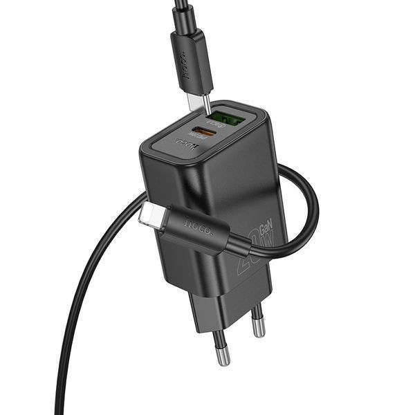 Сетевое зарядное устройство с кабелем HOCO N61 Gentle PD20W+QC3.0 charger set(C to iP) Black 6942007644259 фото