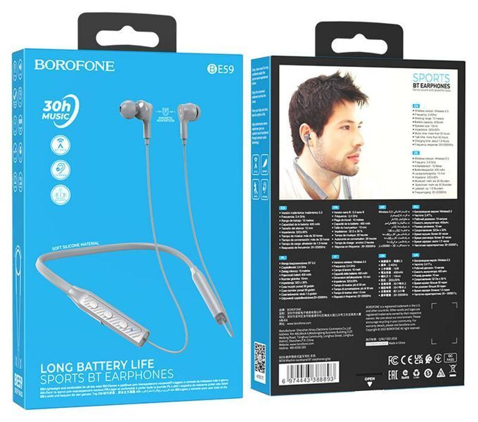 Навушники BOROFONE BE59 Rhythm neckband BT earphones Gray 656-00871 фото