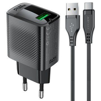 Сетевое зарядное устройство с кабелем ACEFAST A90 QC18W GaN single USB-A charger set (P3) (EU) Black 6974316280064 фото