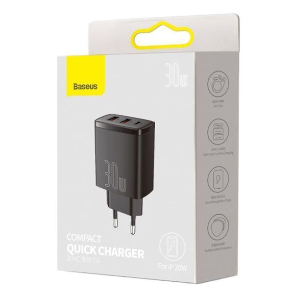 МЗП Baseus Compact Quick Charger 30W (Type-C + 2USB) White CCXJ-E02 фото