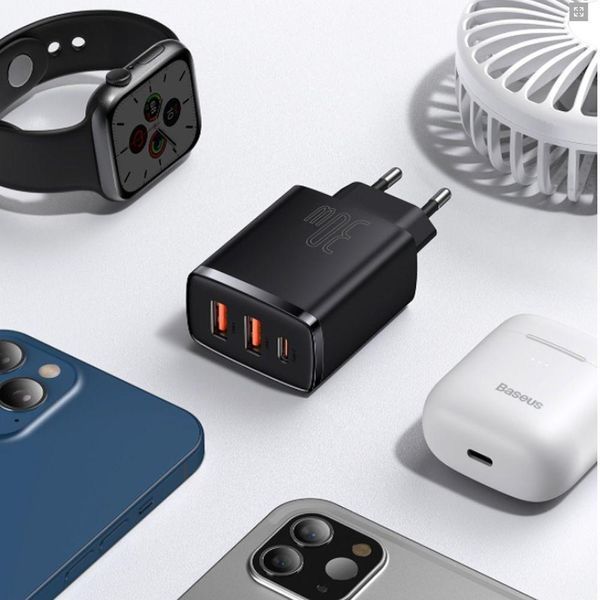 МЗП Baseus Compact Quick Charger 30W (Type-C + 2USB) White CCXJ-E02 фото
