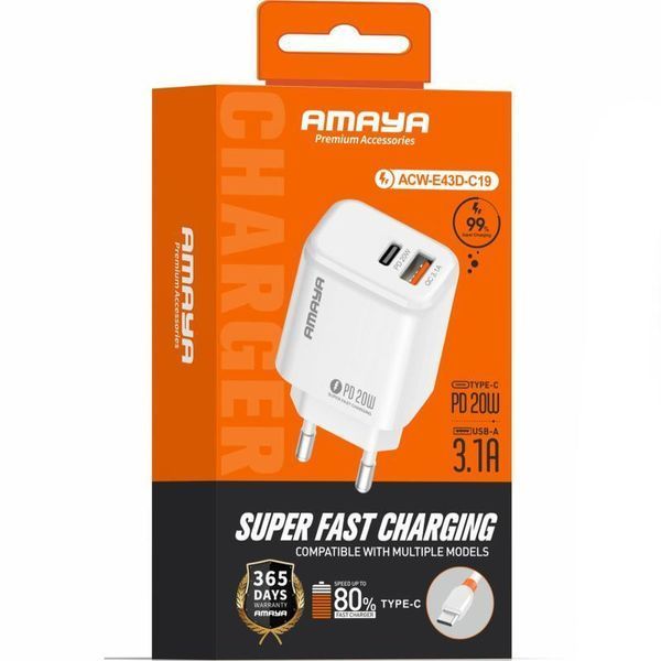 Сетевое зарядное устройство Amaya E43D PD20W (1USB-A/1C) + кабель USB to Type-C white 656-08055 фото