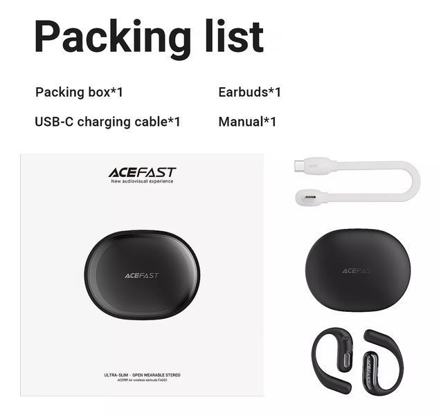 Бездротові навушники TWS ACEFAST FA002 ACEFIT Air wireless earbuds, ENC, IP54, Black 6974316283621 фото
