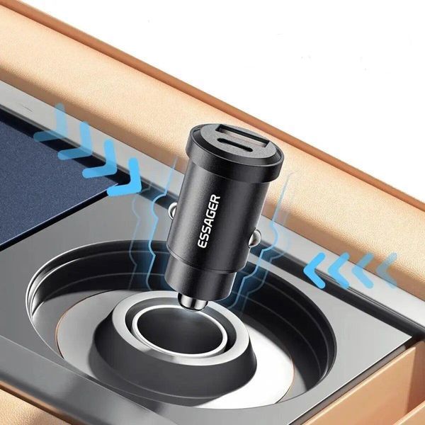 Автобільний зарядний пристрій ESSAGER Gyroscope Mini Charger USB-A + USB-A 30W Black 656-00319 фото