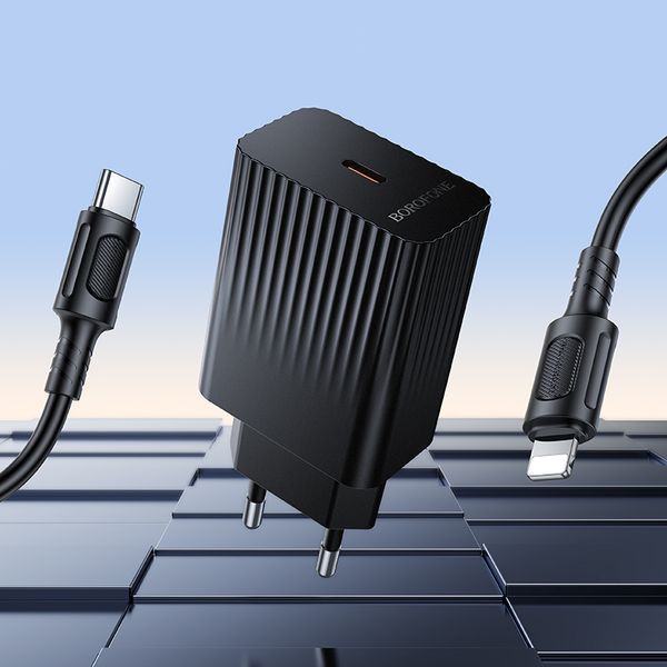 Мережевий зарядний пристрій з кабелем BOROFONE BAS75A Source single port PD30W charger set (C to iP) (EU) Black 6941991122835 фото