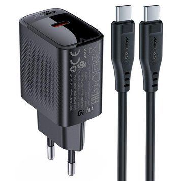 Сетевое зарядное устройство с кабелем ACEFAST A82 PD20W GaN single USB-C charger set (P5) (EU) Black 6974316280057 фото