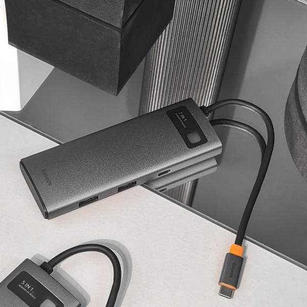 USB-Хаб Baseus Metal Gleam Series 7-in-1 (2xUSB3.0 + 4KHD + Type-C + Type-C PD+ TF + SD) Gray WKWG020113 фото