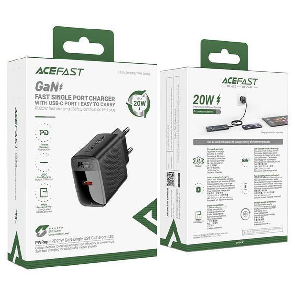 Мережевий зарядний пристрій з кабелем ACEFAST A82 PD20W GaN single USB-C charger set (P5) (EU) Black 6974316280057 фото