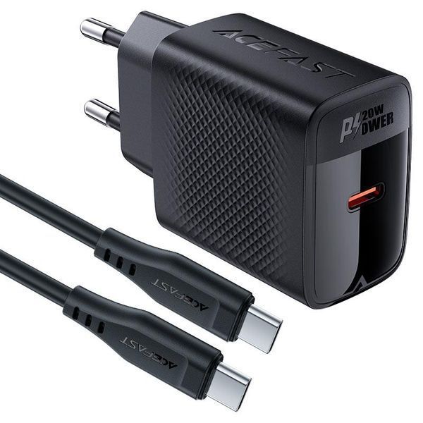 Мережевий зарядний пристрій з кабелем ACEFAST A82 PD20W GaN single USB-C charger set (P5) (EU) Black 6974316280057 фото