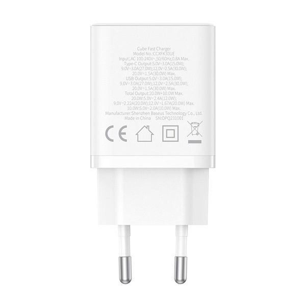 Мережевий зарядний пристрій Baseus Cube Fast Charger C+U 30W EU Moon White 656-01294 фото