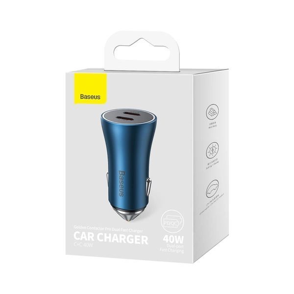 Автомобільний зарядний пристрій Baseus Golden Contactor Pro Dual Fast Charger Car Charger C+C 40W Blue CGJP000003 фото