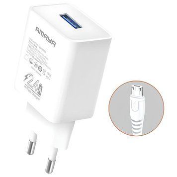 Сетевое зарядное устройство Amaya M3 2.4A (1USB-A) + кабель USB to MicroUSB white 656-08058 фото