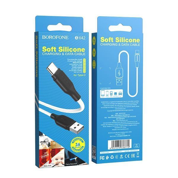 Кабель BOROFONE BX42 USB to Type-C 3A, 1m, silicone, TPE connectors, White 6931474736772 фото